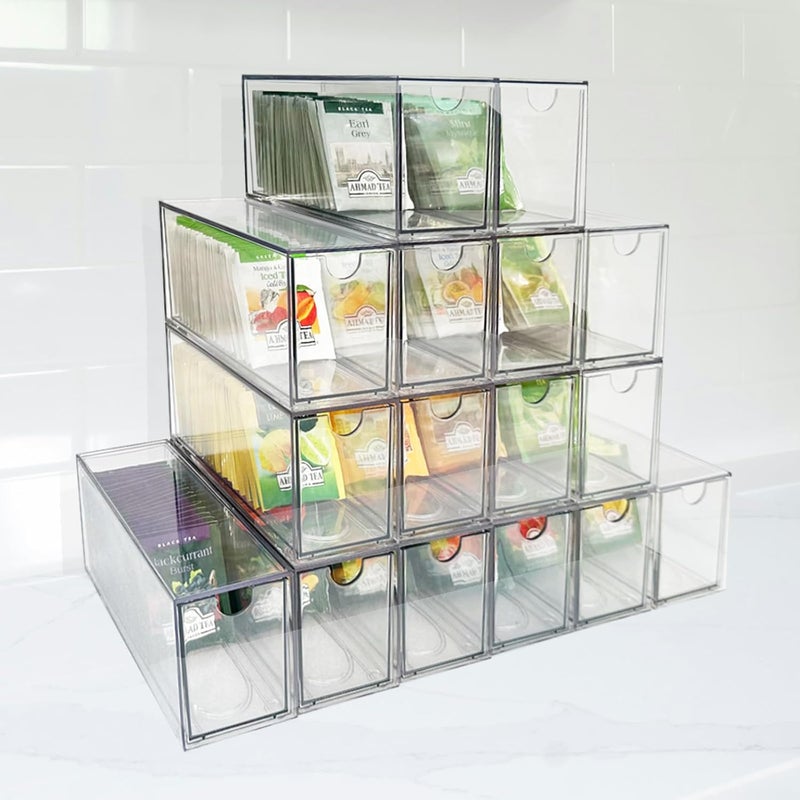 AZEZO 16-Pack Tea Bag Drawers Organizer - 16 Clear Plastic Drawer Tea Bag Holder; Stackable & Portable; Wider Size; Well-Organized Storage for Tea Bags & Kitchen Essentials；High Volume - Image 1